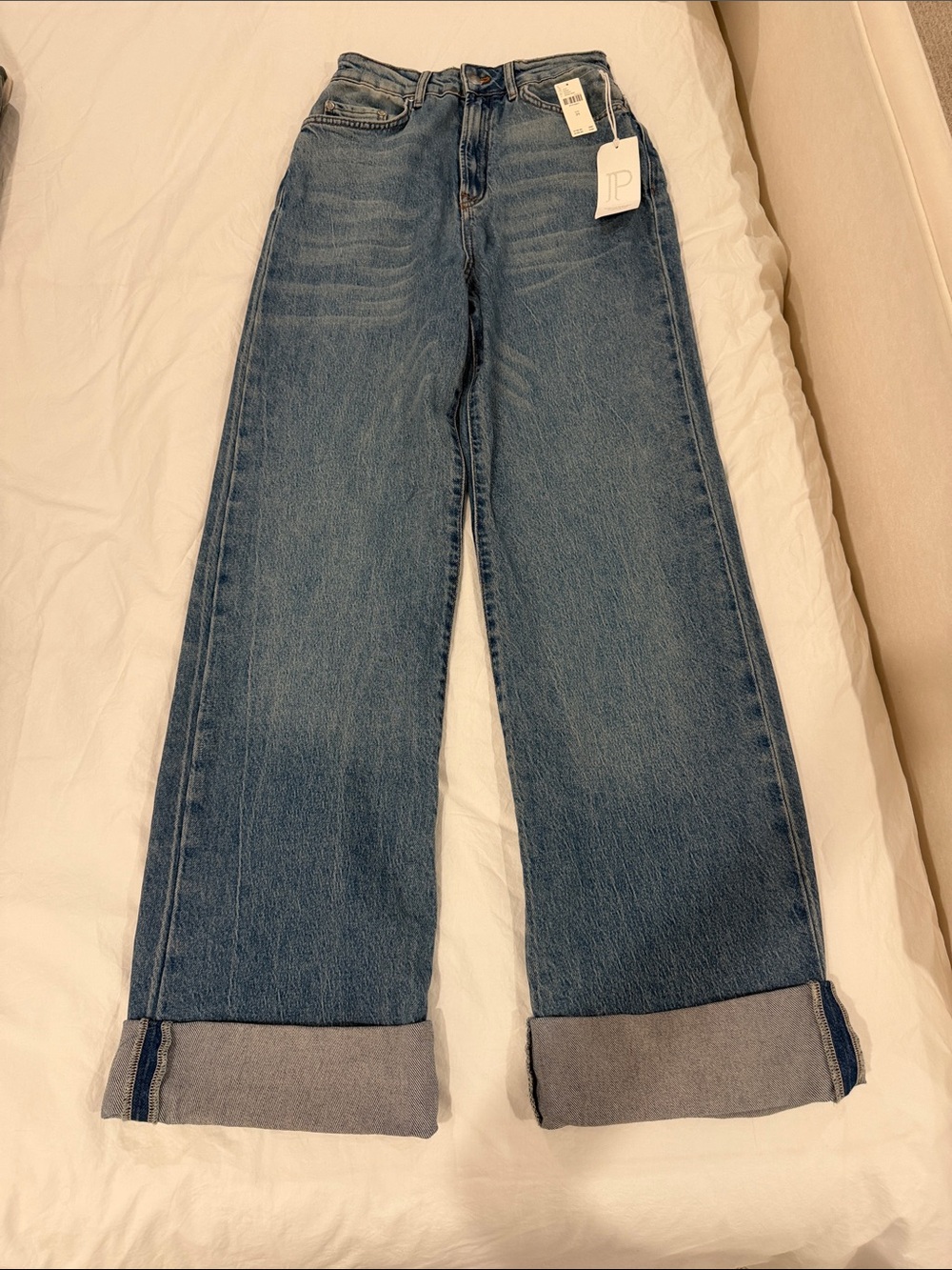 Pilcro Wide Leg Cuffed Jeans in Medium Blue Denim